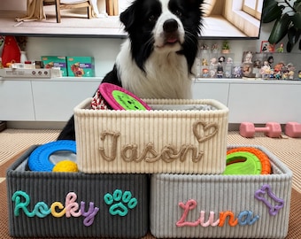Personalized Dog Basket, Custom Pet Toy Storage, Corduroy Organizer, Dog Lover Gift