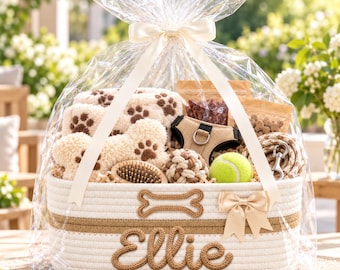 Personalized Dog Toy Basket – Custom Pet Name Storage Basket, Woven Cotton Rope Organizer, Christmas Gift for Dogs