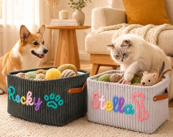 Custom Dog Toy Basket, Personalized Pet Storage Bin, Cat Toy Box Organizer with Name
