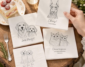 Personalized Pet Portrait Wedding Napkins, Custom Cocktail Napkin, Personalized Dog Cat Bar Decor