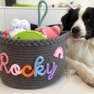 May include: A gray rope basket filled with dog toys, including a green disc, pink plush toy, and white booties. The basket has the name "Rocky" in colorful yarn letters and a rainbow applique. A black and white dog is next to the basket.