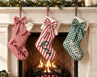 Personalized Christmas Stocking, 2026 Custom Name Gingham Plaid Stocking with Bow, Family Holiday Decor