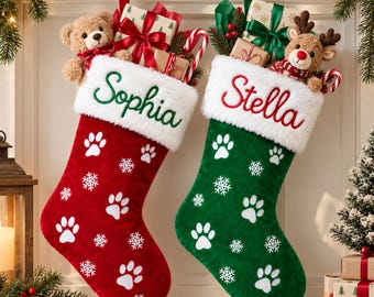 Personalized Dog Christmas Stocking, Custom Pet Name Stocking, Embroidered Puppy Paw Stocking, Dog Lover Gift, Christmas Decor