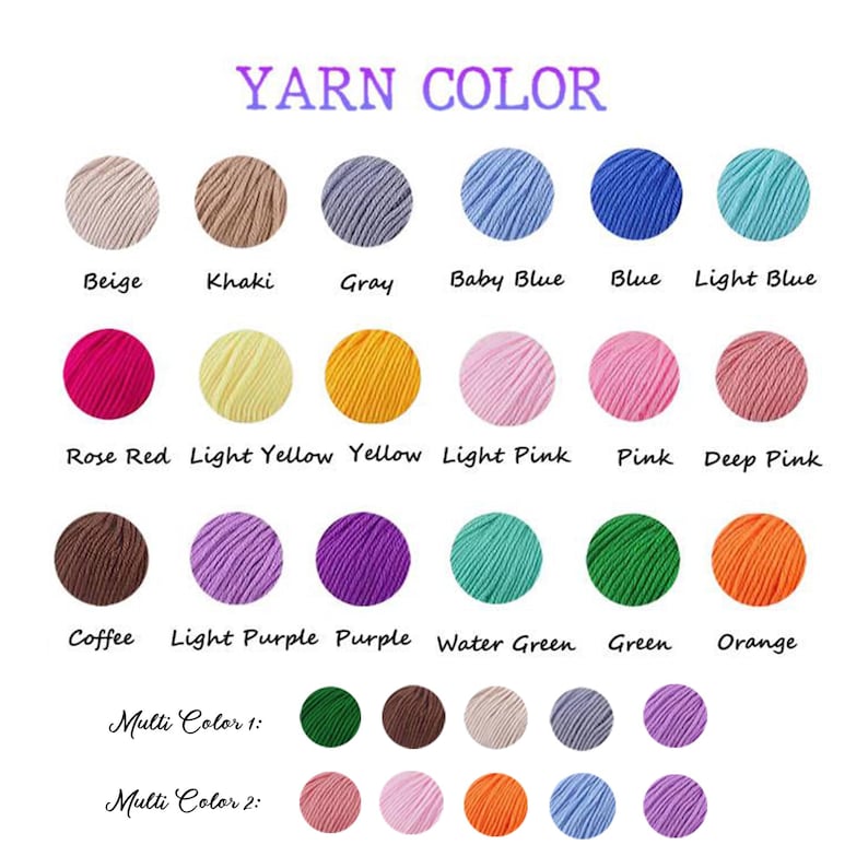 May include: Image displaying a color chart of yarn options. The text "YARN COLOR" is at the top. Various yarn colors are shown, including beige, khaki, gray, blue, pink, green, and orange. There are also multi-color options.