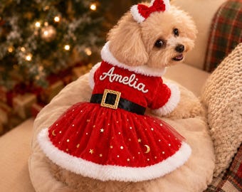 Christmas Dog Dress with Bow, Santa Dog Costume, Red Velvet Holiday Pet Outfit, Cute Puppy Christmas Clothes, Festive Dress for Small Dogs