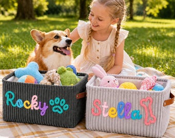 Personalized Corduroy Dog Toy Basket with Name – Custom Pet Storage Bin – Cat & Dog Toy Organizer – Gift for Pet Lovers