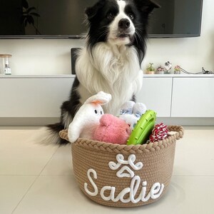 May include: A black and white Border Collie sits behind a woven rope basket filled with dog toys. The basket is tan with the name "Sadie" in white script. Toys include a white bunny, pink ball, green chew toy, and a red and white rope toy.