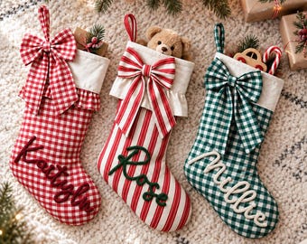 Personalized Christmas Stocking, Custom Name Family Stocking, 2026 Plaid Bow Christmas Decor, Holiday Mantel Decoration