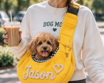 Personalized Pets Sling Bag, Custom Name Small Cat Dog Carrier, Hands Free Cotton Shoulder Tote Travel Pet Walking