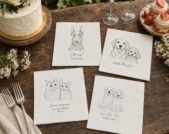 Custom Pet Portrait Cocktail Napkins, Personalized Dog and Cat Wedding Napkins