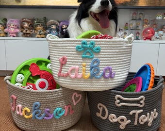 Personalized Pet Toy Basket, Custom Name Cotton Rope Storage Bin for Dogs and Cats