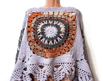 Women's Crochet Clothing - Poncho and Hat Set with Brims - Fashion Clothing - Autumn Clothing