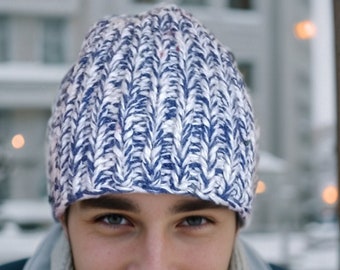 Handmade Beanie Hats for Men, Women and Teens - Stay Stylish During the Colder Seasons, Mixed Blue and White Beanie