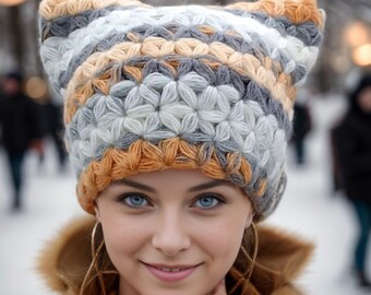 Fuzzy Cat Ear Winter Hat for Women - Cute Knitted Headwear - Pussycat Hat with Seamless Design