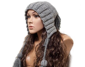 Aviator Adult Bonnet Knit Accessories Gift For Her #FW011 Gray Knit Hat Hood with Ties Crochet Hood Tassel Hat Hat