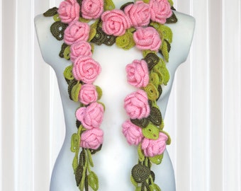 Rose Crochet scarf rose branch festive accessories gift for women flower necklace color choices LoveKnitting