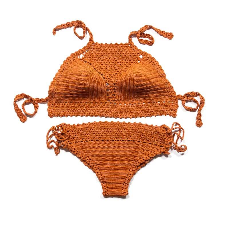 Handcrafted Orange Crochet Halter Bikini Set, Halter top, Perfect Swimwear for Poolside and Beach Lounging, Size S/M image 5