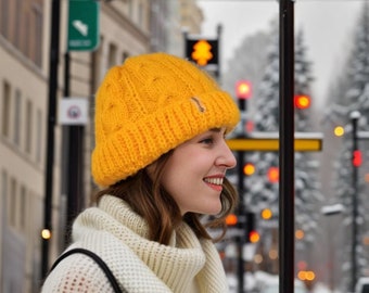 Knitted oversized hat with pattern - Yellow women's winter hat - Warm hat