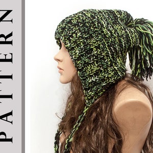 Instant Download Knitting Pattern - Slouchy Earflap Hat Pattern - Knit Hat Pattern Pom pom Hat - Hood with Ties - Knit Womens