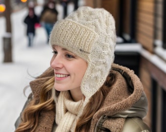 Hat with earflaps - Cute knitted hat with ties and ears - Women's winter hat - Warm hat, warm ears