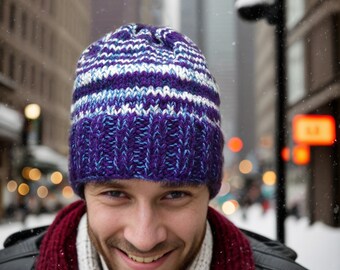 Unique handmade hats in mixed blue, purple and white colors will become fashionable during the cold season for men, women and children.