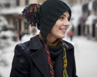 Women's Knitted Hat, Pompom Drawstring Hat, Warm Knitted Hat, Hand Knitted Women's Hat
