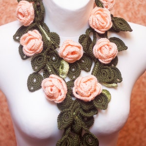 Crochet scarf rose branch festive accessories gift for women flower necklace color choices LoveKnitting #WB1-05(p)