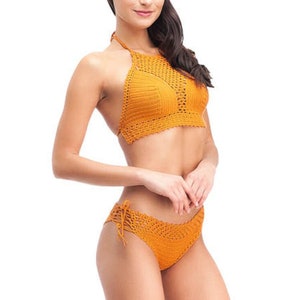 Handcrafted Orange Crochet Halter Bikini Set, Halter top, Perfect Swimwear for Poolside and Beach Lounging, Size S/M image 2