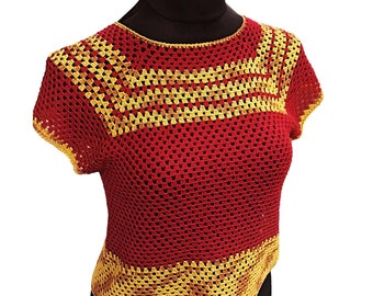 Crocheted summer blouse yellow-red, handmade, t-shirt for hot summer