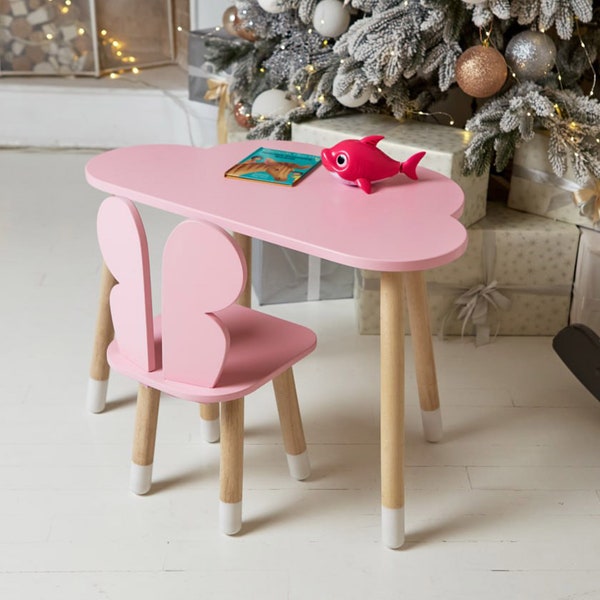 Kindertafel "Cloud" en kinderstoel "Butterfly": een zacht hoekje voor kleine prinsessen, een vlinderstoel, een houten tafel voor activiteiten