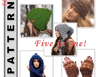 Instant download, Knitting and crochet patterns, Set of five in one - Winter clothes, hat, mitts, headband, scarf