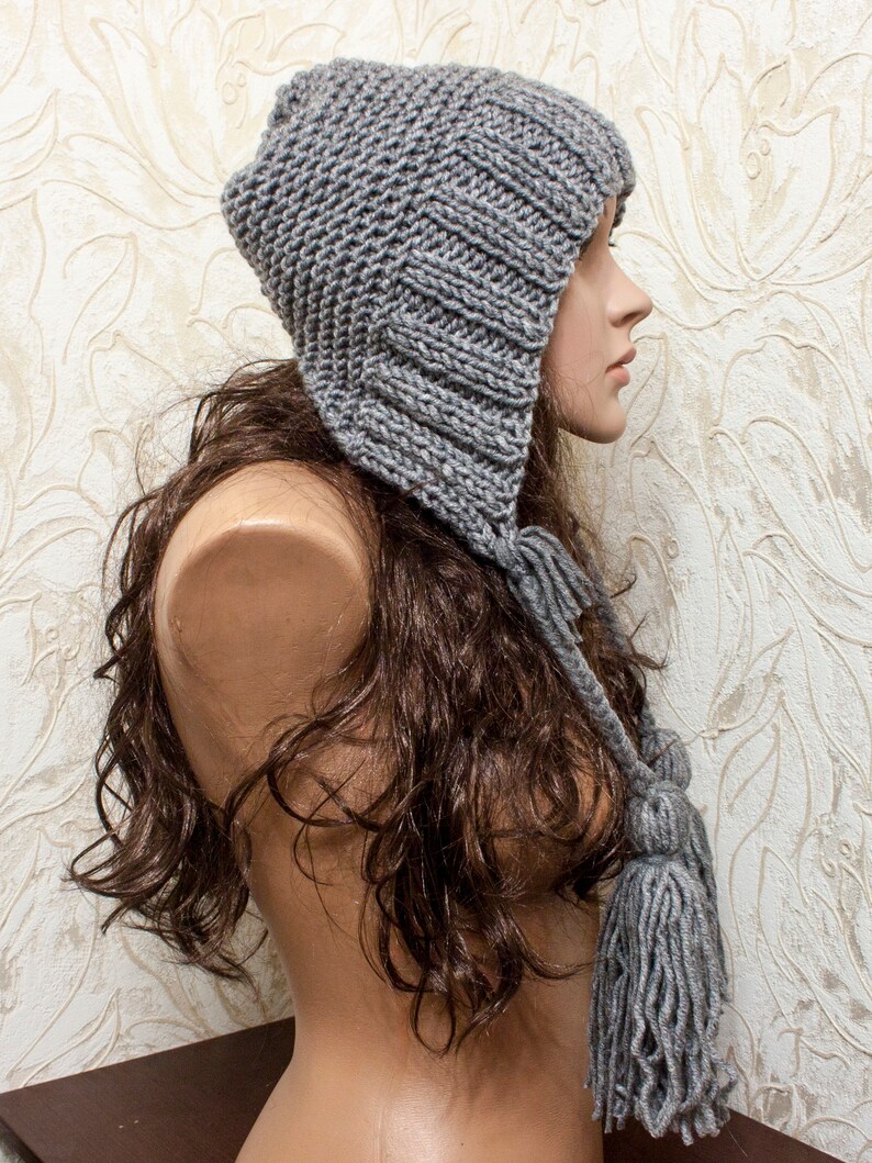 Aviator Adult Bonnet Knit Accessories Gift For Her #FW011 Gray Knit Hat Hood with Ties Crochet Hood Tassel Hat Hat