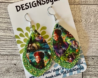 Halloween Witch Earrings, Witchy Sisters Earrings, Faux Leather Halloween Earrings, Double Layer Glitter Earrings