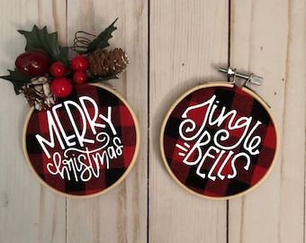 Buffalo Plaid Embroidery Hoop Ornaments, Christmas Buffalo Plaid Ornaments, Happy Holidays, Merry Christmas, Your Design