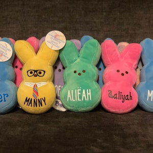 May include: A row of seven plush Easter bunny toys, each with a different color and personalized name. The names are Baer, Manny, Alie&aacute;h, @aliyah, Maddie, and two others. The bunnies are all wearing different accessories, such as glasses, a tie, and a bow tie.