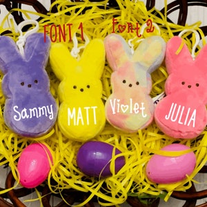 May include: Four plush Peep bunny toys in a basket with yellow shredded paper. The bunnies are purple, yellow, tie-dye, and pink. Each bunny has a name on it: Sammy, Matt, Violet, and Julia.