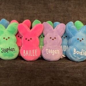 May include: Seven plush Peeps bunny shaped Easter decorations with personalized names. The Peeps are in the colors green, pink, purple, and blue.