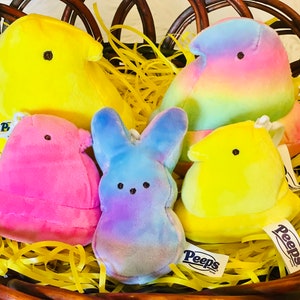 May include: Five colorful plush Peep chicks in a wicker basket filled with yellow shredded paper. The chicks are yellow, pink, blue, and rainbow. The chicks have the word "Peeps" on their tags.