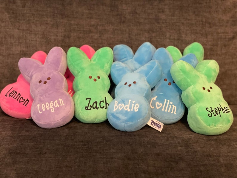 May include: Seven plush bunny-shaped Peeps, each a different color and personalized with a name. The names are Lennon, Teegan, Zach, Bodie, Collin, and Stephen. The Peeps are arranged in a row on a brown surface.