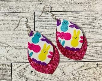 Easter Earrings, Peeps Bunny Earrings, Marshmallow Bunny Faux Leather Earrings, Double Layer Faux Leather