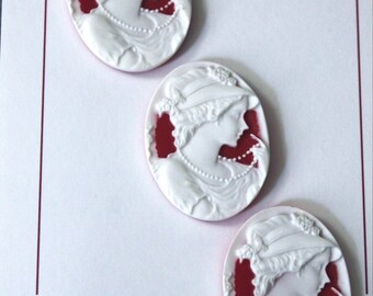 Cameo Buttons, Set of  three flapper lady buttons, 40 x 30 mm white on red acrylic