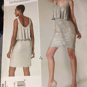 May include: A sewing pattern for a sleeveless dress with a ruffled top and a sequined skirt. The pattern is by Badgley Mischka Platinum and is for sizes 4-6-8-10-12. The pattern number is V1288.