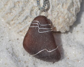 Wire Wrapped Cocoa Brown Sea Glass Necklace