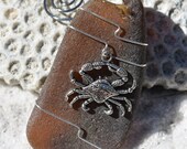 Custom Surf Tumbled Sea Glass Ornament with a Silver Cancer Crab Charm - Choose Your Color Sea Glass Frosted, Green, and Brown.