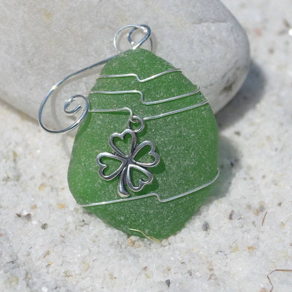 Custom Surf Tumbled Sea Glass Ornament with a Silver Lucky Four Leaf Clover Charm - Choose Your Color Sea Glass Frosted, Green, and Brown.