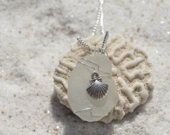 Surf Tumbled White Sea Glass Necklace with Silver Sea Shell
