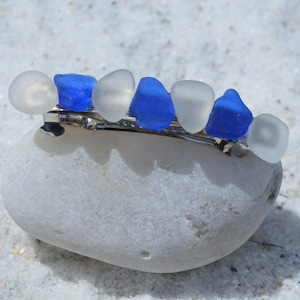 Genuine Cobalt Blue and Frosted Sea Glass French Barrette Hair Clip