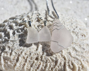Frosted Sea Glass Sterling Silver Necklace and Earrings Set