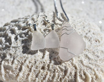 Mattierte Meer Glas Sterling Silber Halskette und Ohrringe Set
