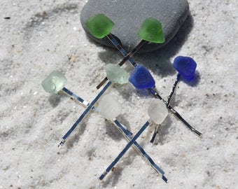 Genuine Surf Tumbled Sea Glass Hair Pin Set Includes: 4 Pairs in Green, Blue, Frosted, and Aqua  (Total of 8 Hair Pins)